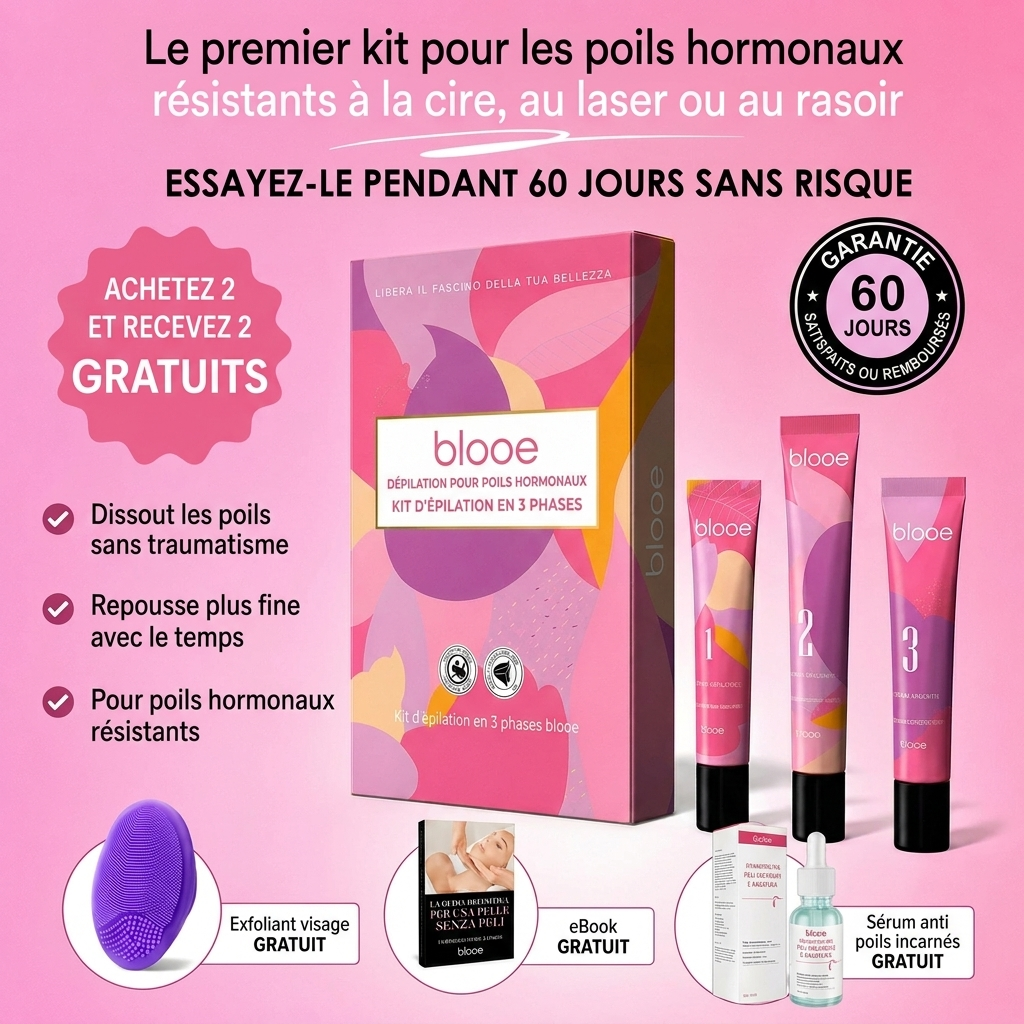 Le premier kit complet en 3 étapes qui affaiblit et dissout les poils hormonaux sans douleur ni irritation.