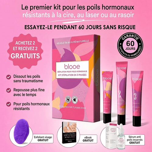 Le premier kit complet en 3 étapes qui affaiblit et dissout les poils hormonaux sans douleur ni irritation.